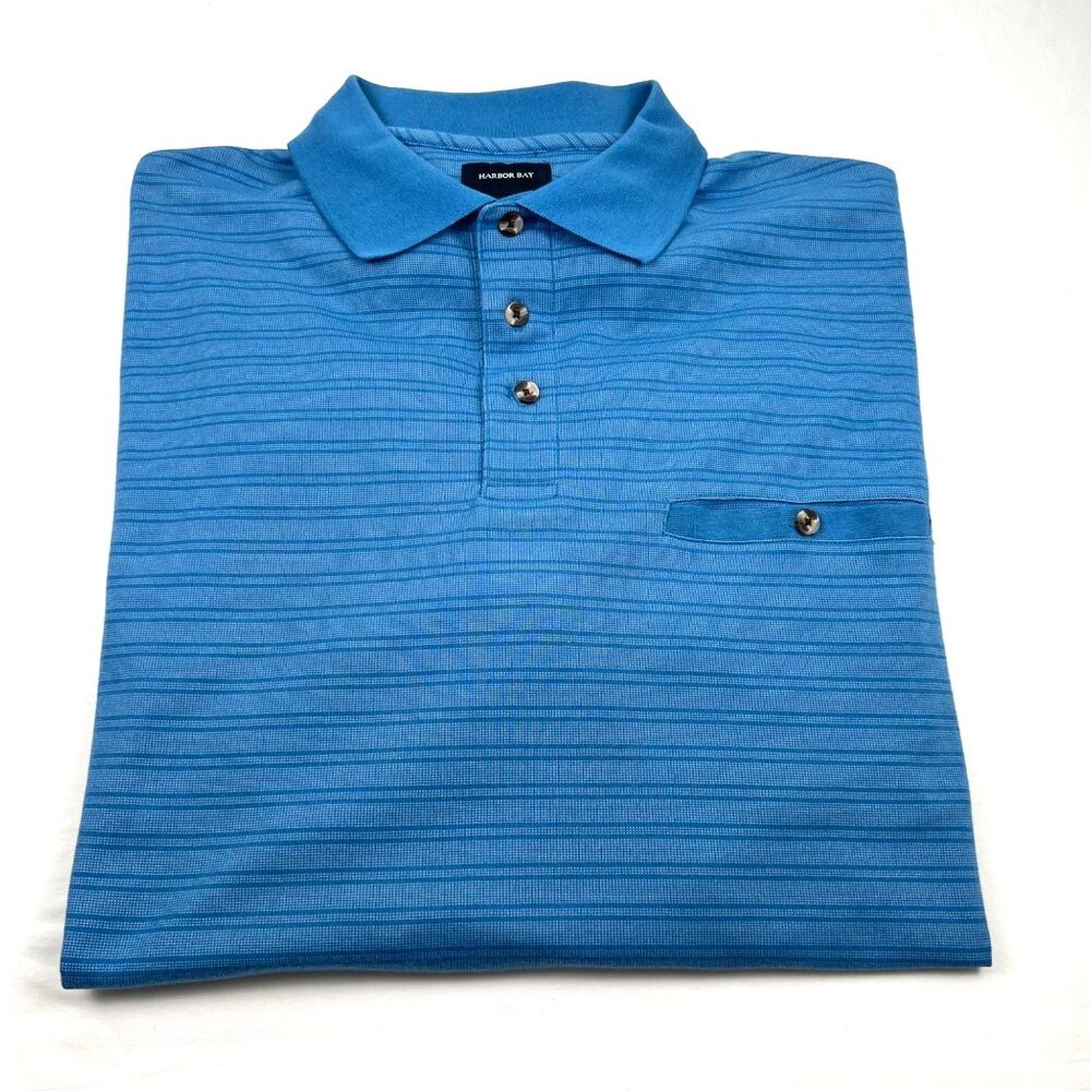 Harbor Bay Mens Shirt 2XL Blue Striped Polo 1/4 Button Chest Pocket Short Sleeve